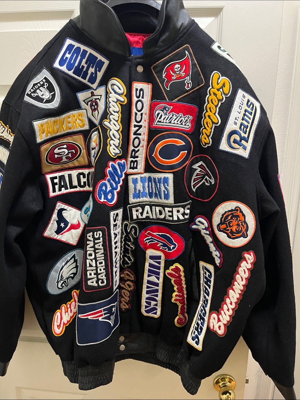 Reebok Black Varsity Jacket with Multicolor NFL Team Patches